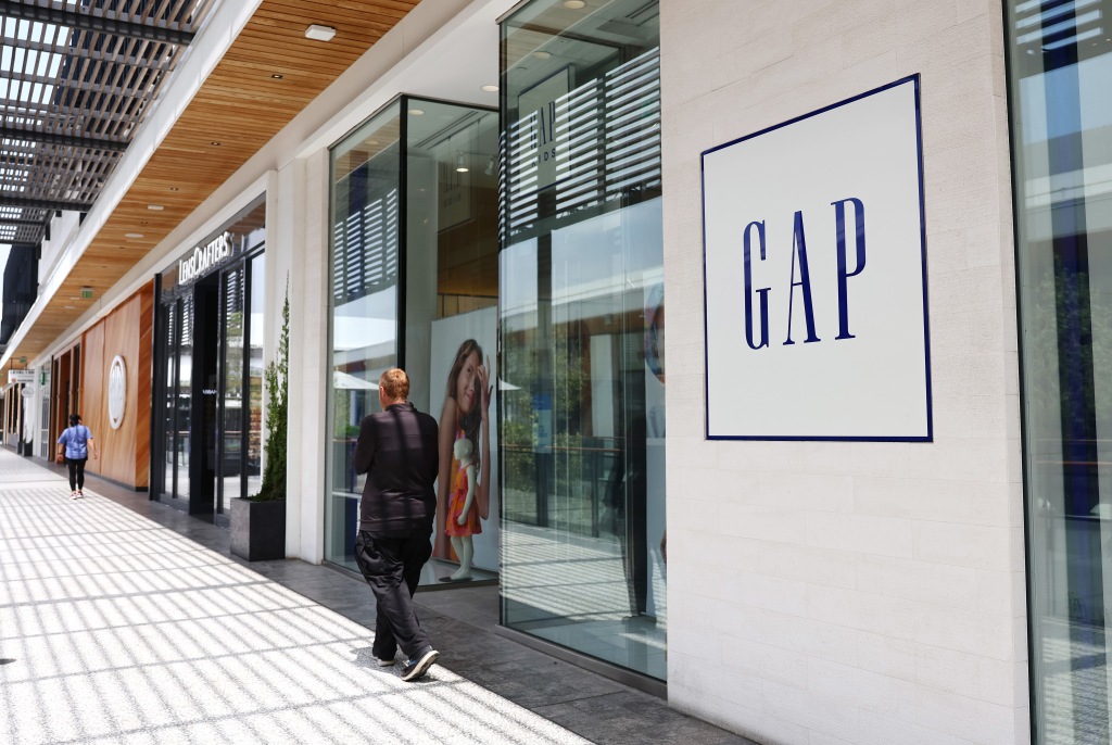 The Gap logo is displayed at a Gap store on April 25, 2023 in Los Angeles, California.