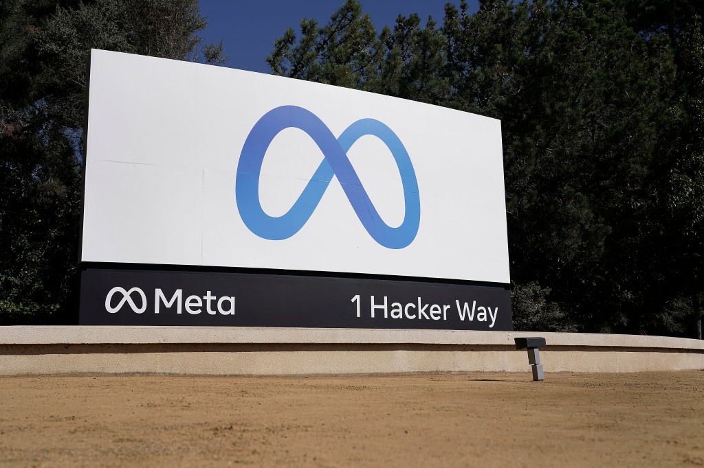 Meta logo sign at headquarters in Menlo Park, Calif.