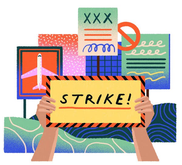 An illustration shows a pair of hands holding up a sign that reads “Strike!” against a background of other signs. 