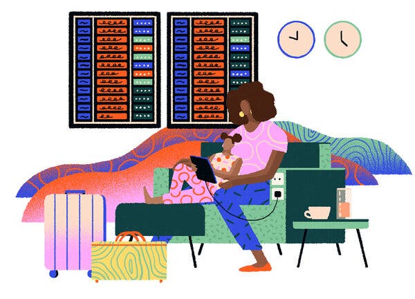 A colorful illustration of a mother and child sitting comfortably on a green sofa. The child, wearing pink pants and a yellow shirt, is leaning back on the mother, who is wearing a pink shirt and blue pants. The child is holding a tablet that is plugged in to an outlet in the sofa. Beside them, there are two pieces of luggage and a table with a coffee cup and a glass on it. Above them, there are two displays that look like airline departure boards, and there are two clocks showing different times next to the boards.