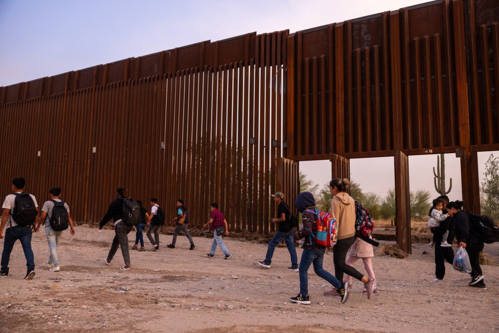Monsoon gates in the border wall near Lukeville, Arizona, on Aug. 20, 2023. The area has been welded open, allowing illegal migrants to simply walk into the United States through an open door.