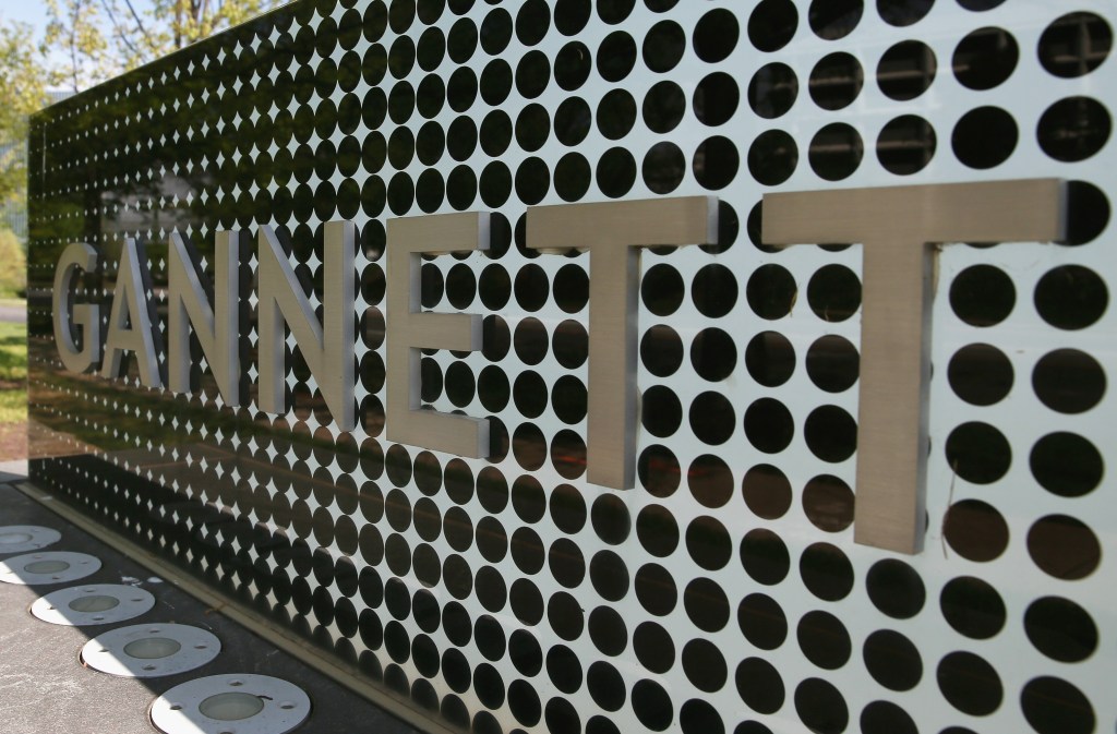 A sign in front of Gannett Co Inc, headquarters