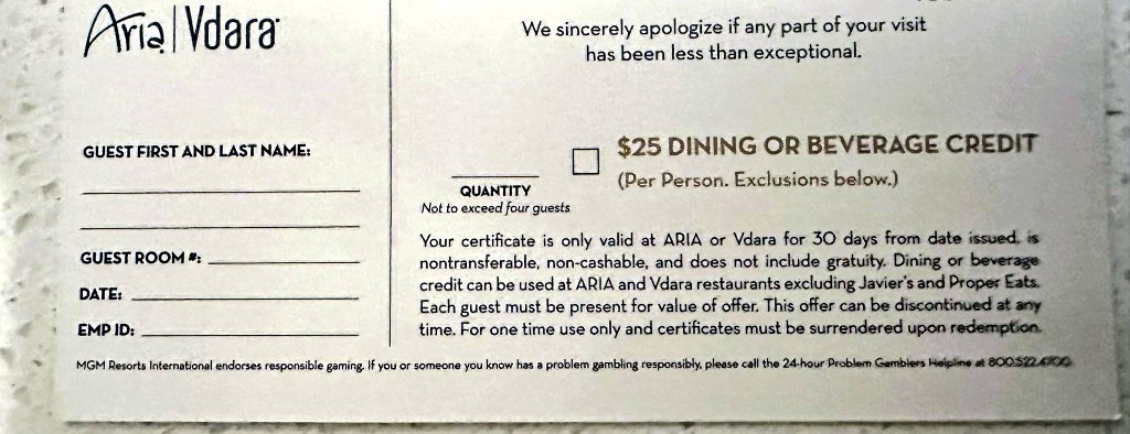 Staffers at Aria were handing out $25 vouchers that could be used on food or drinks to placate guests.
