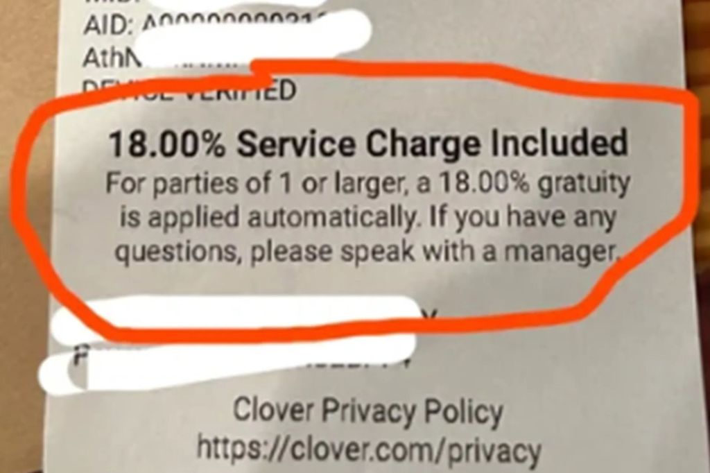 A California restaurant is facing backlash after a customer shared a photo of a receipt that included an automatic 18% service charge "for parties of one or larger."