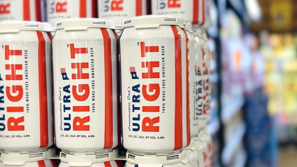 Cans of beer representing rival brands Bud Light and Conservative Dad's Ultra Right Beer, discussed in story of former US President’s defense of the Bud Light brand.