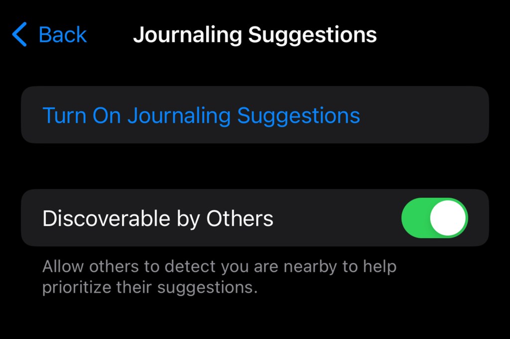 A screenshot of the 'Discoverable by Others' setting in an iPhone's privacy and security settings, related to iOS 17.2 update