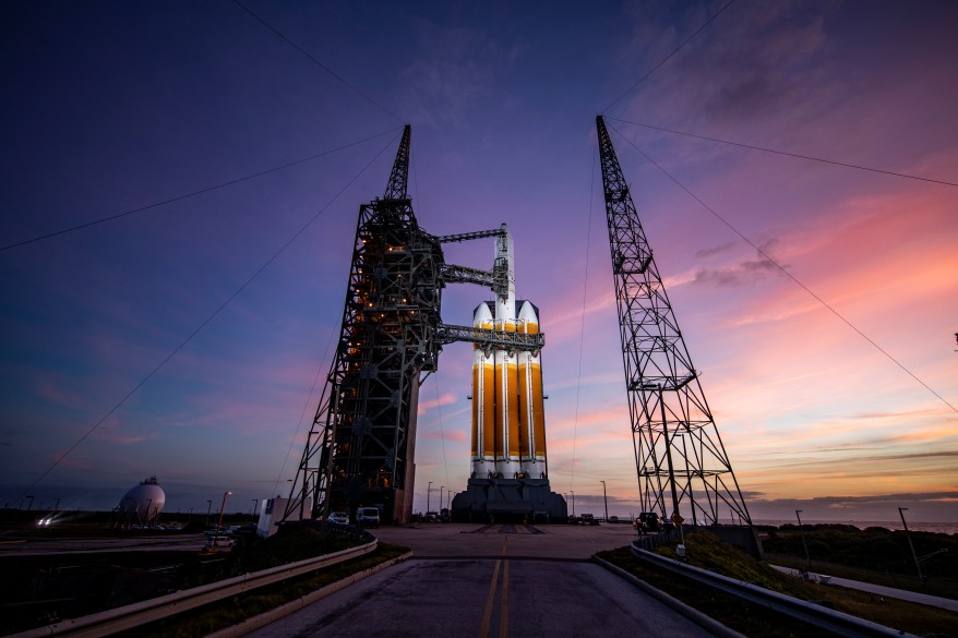 The Mobile Service Tower rolls back from the United Launch Alliance Delta IV Heavy rocket in preparation for launch from Space Launch Complex-37 at Cape Canaveral Space Force Station, Florida on April 9, 2024.