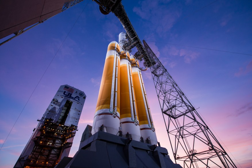 The Mobile Service Tower rolls back from the United Launch Alliance Delta IV Heavy rocket in preparation for launch from Space Launch Complex-37 at Cape Canaveral Space Force Station, Florida on April 9, 2024.