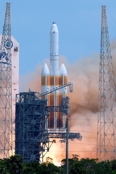 A United Launch Alliance Delta IV heavy rocket carrying classified spy satellite cargo for the U.S. National Reconnaissance Office lifts off from Space Launch Complex 37B at the Cape Canaveral Space Force Station, Tuesday, April 9, 2024, in Cape Canaveral, Fla.