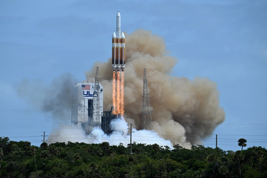 A United Launch Alliance Delta IV heavy rocket carrying classified spy satellite cargo for the U.S. National Reconnaissance Office lifts off from Space Launch Complex 37B at the Cape Canaveral Space Force Station, Tuesday, April 9, 2024, in Cape Canaveral, Fla.